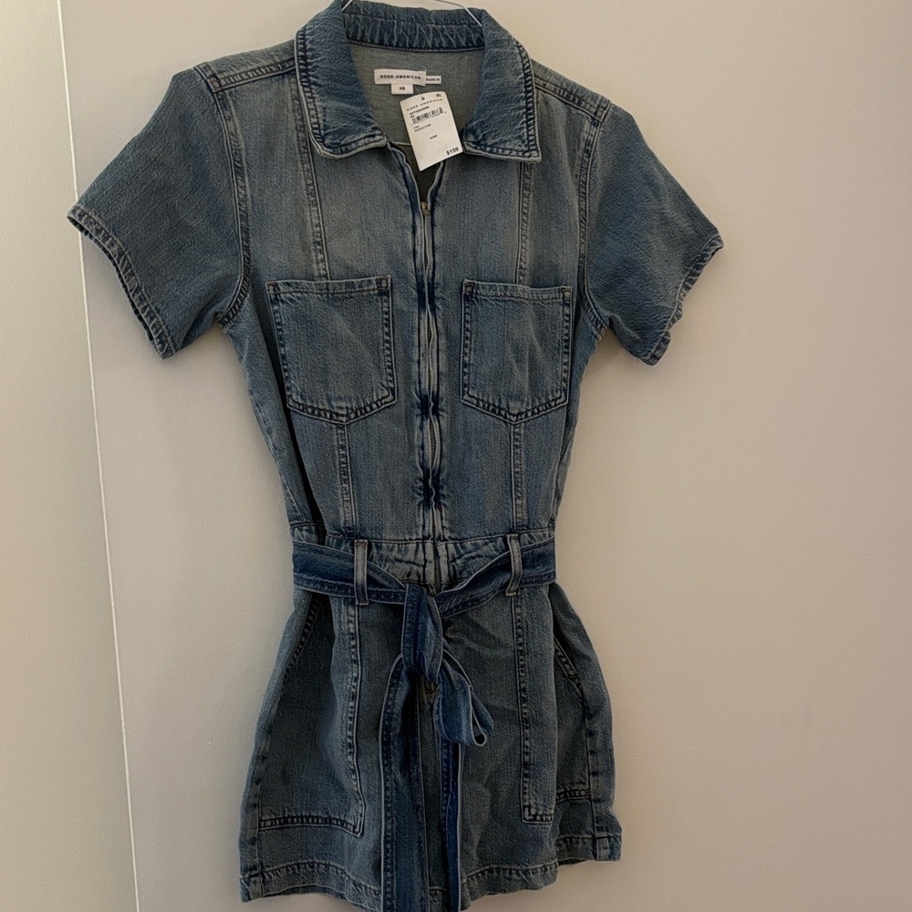 Good American Indigo Denim Romper with Tie Waist